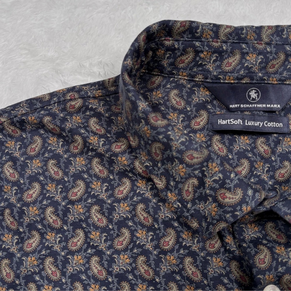Hart Schaffner Marx KNIT Button Shirt Men XXL Navy Blue Paisley HartSoft Luxury